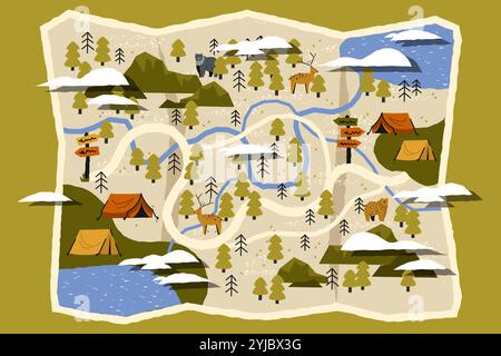 Cute banner with travel map. Cartoon banner with doodle tracking route ...