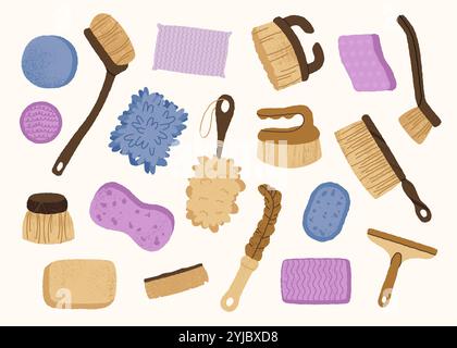 Cleaning tools brushes sponges. Washing equipment for home and office, brushes, mop and sponge for cleaning, housework supplies. Vector isolated set Stock Vector
