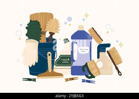 Cleaning equipment concept. Doodle home and office hygienic tools, brushes and buckets with detergent, glove and sponge. Vector isolated set Stock Vector