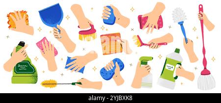Hands holding cleaning tools. Cartoon woman housekeeper with brushes duster mop bucket gloves, vector housework equipment set Stock Vector
