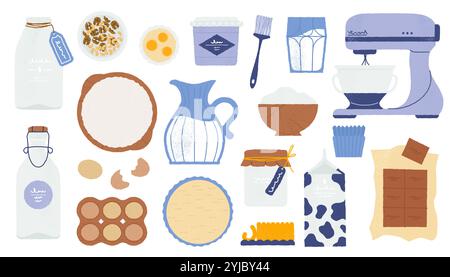 Bakery ingredients. Cartoon kitchen utensils and baking tools with flour sugar eggs butter and vanilla, cooking equipment flat style. Vector set Stock Vector