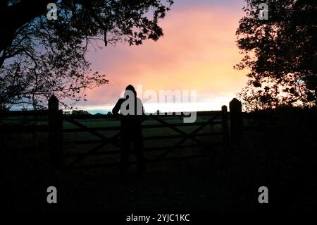 Dark moody edit. A mysterious hooded figure back to camera, standing by a gate in the countryside looking at a sunset. Stock Photo
