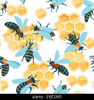 Cartoon bee pattern. Seamless print of cute bumblebee insect on honeycomb background, abstract hexagon wallpaper for kids fabric textile. Vector Stock Vector