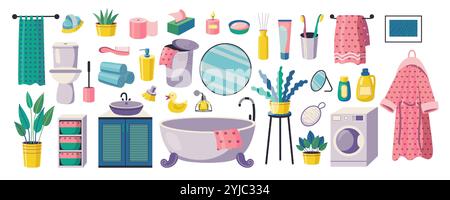 Bathroom accessories. Cartoon cute hygiene items and furniture, home bathtub toilet sink with towels bubble bath. Vector bathroom interior isolated Stock Vector