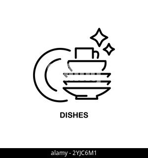 Premium Icon on Dishes, Crockery, Tableware, Utensil, Dinnerware, and Dishwasher, Dish Wash. Such Line Sign as Plates and Cup. Custom Vector Icon for Stock Vector