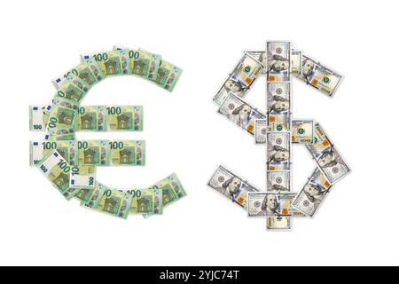 Euros and dollars sign made from 100 US dollars and 100 euros banknotes. Euro and Dollar exchange rate Stock Photo