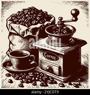 Coffee Beans And Cup Vintage Woodcut Illustration Stock Vector Image ...