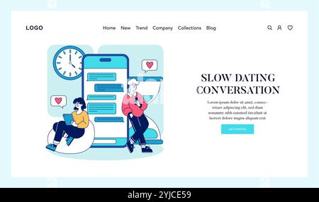 Online dating concept. Two people engage in thoughtful messaging over a dating app, promoting deep connections. Leisure, communication, modern relationship. Vector illustration. Stock Vector