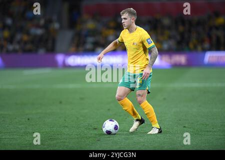 MELBOURNE, AUSTRALIA. 14th November 2024. Pictured: Riley McGree of Australia during the Group C Australia vs Saudi Arabia AFC World Cup Qualifiers 3rd Round from Melbourne's Rectangular Stadium at AAMI Park on the 14th November 2024. Credit: Karl Phillipson/Alamy Live News Stock Photo