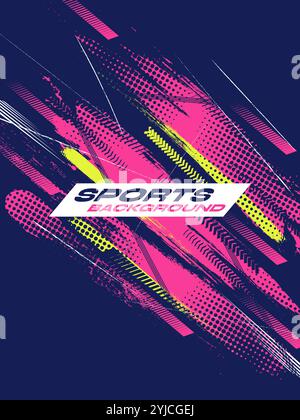 Sport Cover or Poster Design with Pink and Yellow Brush Strokes and Halftone Effect on Blue Background. Abstract Background Design in Grunge Style Stock Vector