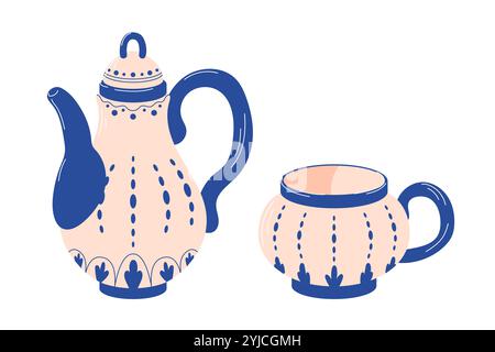 Pottery and porcelain small set in flat style. Ceramic teapot and cup in blue and beige for your interior design. Illustration isolated on white Stock Vector