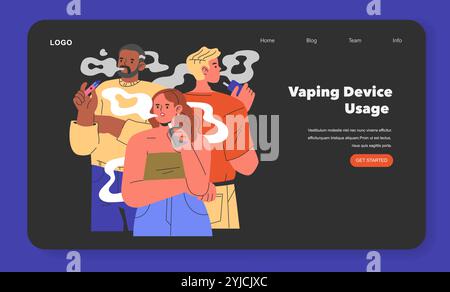 Vaping Device Usage concept. A website header showcasing diverse people using e-cigarettes with customizable interface elements. Health risks awareness. Vector illustration. Stock Vector