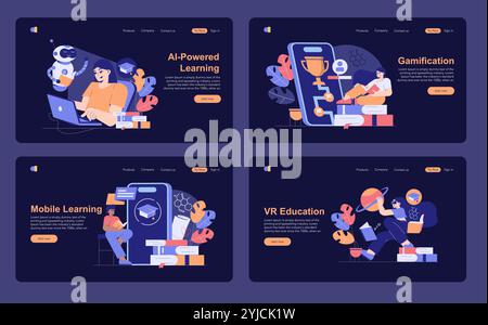 Edtech set. Digital learning tools featuring AI, gamification, mobile applications, and VR technology. Interactive education with engaging graphics. Vector illustration. Stock Vector