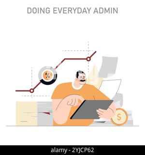 Office Administration concept. A professional manages tasks with digital efficiency amidst financial charts and paperwork. Vector illustration. Stock Vector