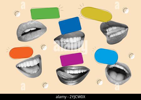 Six mouth doing different gestures with colored blank speech bubbles Stock Photo