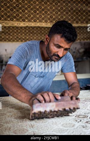 Ajrak textile block printing in Bhuj region, Gujarat, India Stock Photo