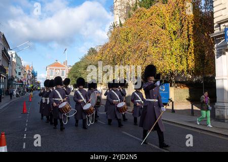 Windsor, Berkshire, UK. 14th November, 2024. The Thames Valley Police Mounted Section accompanied the Changing the Guard at Windsor Castle this morning. Tourists and locals were thrilled to see the huge Police horses. Today the guards were the Windsor Castle Guard, 1st Battalion Welsh Guards with Musical Support from the 1st Bn. Welsh Guards Corps of Drums. A 21 gun salute was also held in Windsor this morning on the Long Walk to celebrate His Majesty the King's Birthday. Credit: Maureen McLean/Alamy Live News Stock Photo