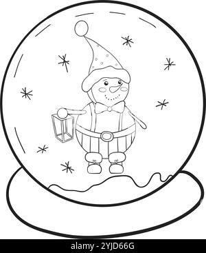 Snow globe with snowman and lantern. Traditional glass Christmas souvenir with snowflakes. Hand drawn, isolated on a white background. Vector. For coloring books, cards, printing Stock Vector