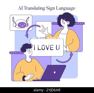 AI-Assisted Communication concept. An illustration showing AI technology translating sign language into text to aid disabled individuals. Vector illustration. Stock Vector