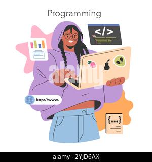 Gen Z programmer concept. A young female coder with glasses works on a laptop amid web development icons. Technology and digital literacy theme. Vector illustration. Stock Vector