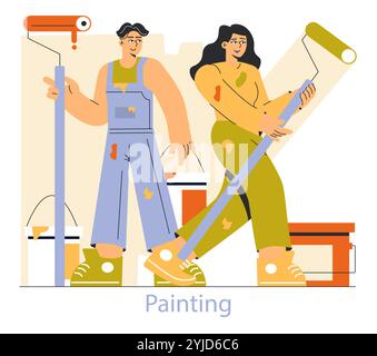 Working Professions concept. Two painters in overalls with rollers and paint buckets collaborating on a project. Home renovation and decoration teamwork. Vector illustration. Stock Vector