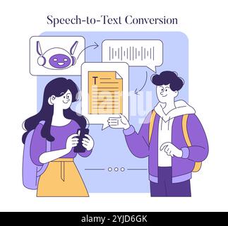 AI Speech-to-Text Conversion concept. Illustration of people interacting with an AI, showing voice transformed into written text. Assistive technology in communication. Vector illustration. Stock Vector