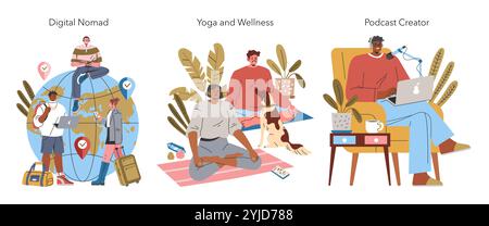Millennial Hobbies set. Individuals engaging in modern leisure activities: remote work travel, yoga practice, podcast production. Millennial lifestyle trends. Vector illustration. Stock Vector