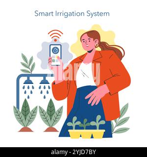 Smart home irrigation technology with woman using smartphone to control watering plants. Modern gardening automation. Vector illustration. Stock Vector