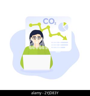 co2 carbon emission reduction, woman analyzes data Stock Vector