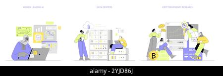 Women in Tech set. Diversity in AI leadership, cloud computing, and cryptocurrency research. Pioneering roles in tech industry. Vector illustration. Stock Vector