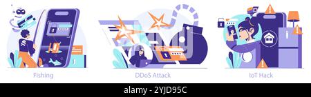 Cybercrime set. Illustrating phishing, DDoS attack, and IoT hack threats with thematic characters. Cybersecurity risks and digital safety. Vector illustration. Stock Vector