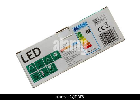 Information on box of Diall GU10 LED bulb packaging isolated on white background Stock Photo
