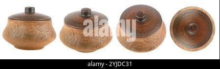 Set of beautiful clay pots from different angles isolated on white ...