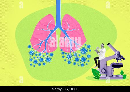 Contemporary art collage. Doctor observes virus particles spreading in lungs, using microscope, symbolizing research on lung infections. Stock Photo