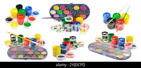 Multicolored watercolor and gouache paints and brushes isolated on white background. Stock Photo