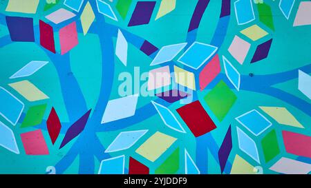 Vibrant Geometric Mural with Dynamic Shapes Eye-Level Perspective Stock Photo