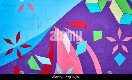 Vibrant Abstract Geometric Mural Eye-Level View Stock Photo