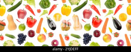 Seamless pattern of vegetables, fruits and berries isolated on white background. Stock Photo