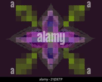 Purple pixelized flower on dark background. Defocused blurred flowering bud. Pixelated plant blossom in wild nature. Symmetrical picture, artwork. Stock Photo
