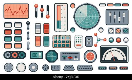 Retro dashboard UI. Futuristic spaceship control panel with dials knobs switches and indicators, vintage sci-fi game screen. Vector illustration Stock Vector