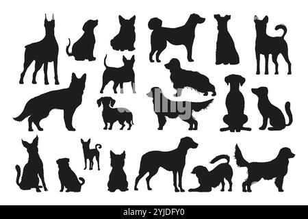 Dogs silhouettes. Black doggy shapes different breeds, cute domestic animals standing walking sitting. Vector puppy collection Stock Vector