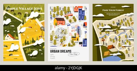 Nature landscape and garden posters. Abstract summer spring country landscape with flowers trees grass, cute minimalistic background. Vector set Stock Vector