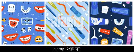Oral hygiene pattern. Seamless print with dental care products, mouthwash, toothbrush, toothpaste, floss, cartoon vector background Stock Vector