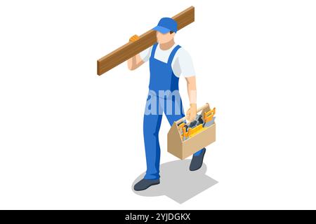 Isometric male carpenter carries wooden beams on his shoulder and holds a wooden toolbox with a set of carpentry tools in his hand. Woodworking tools Stock Vector