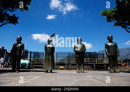 statues of nobel peace prize winners Albert Luthuli, Archbishop Desmond Tutu, president FW de Klerk and Nelson Mandela at the Victoria and Albert Wate Stock Photo