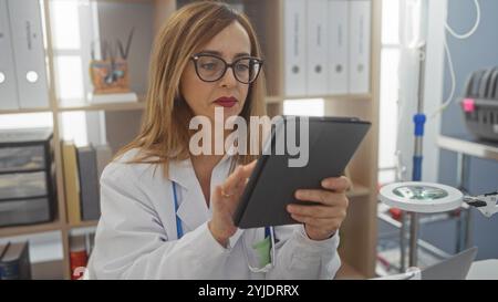 Woman using tablet in a veterinary clinic setting, caucasian female vet focused on digital records while in an indoor medical environment with equipme Stock Photo