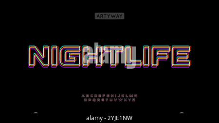 Nightlife alphabet, colorful lines letters, club neon font for bright modern logo, emphasis headline, contemporary typography, modern typographic Stock Vector