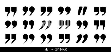 A set of flat quotation mark icons on a white background. A collection of quotation marks, isolated black vector icon in the form of a comma. Stock Vector