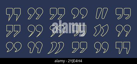 A set of yellow outlines of quotation marks on a blue background. Stock Vector