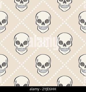 Seamless pattern with hand drawn skulls inside trellis Stock Vector